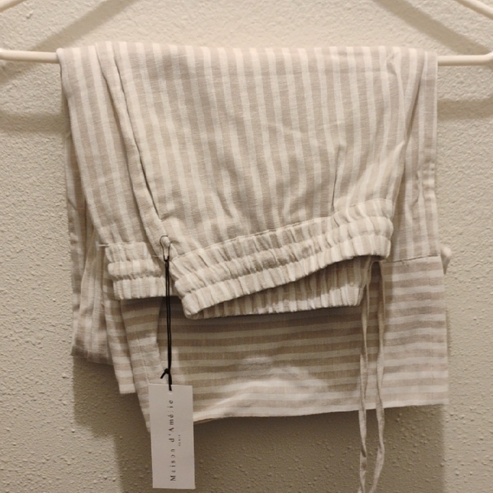 Striped Drawstring Linen Pants - Light Beige